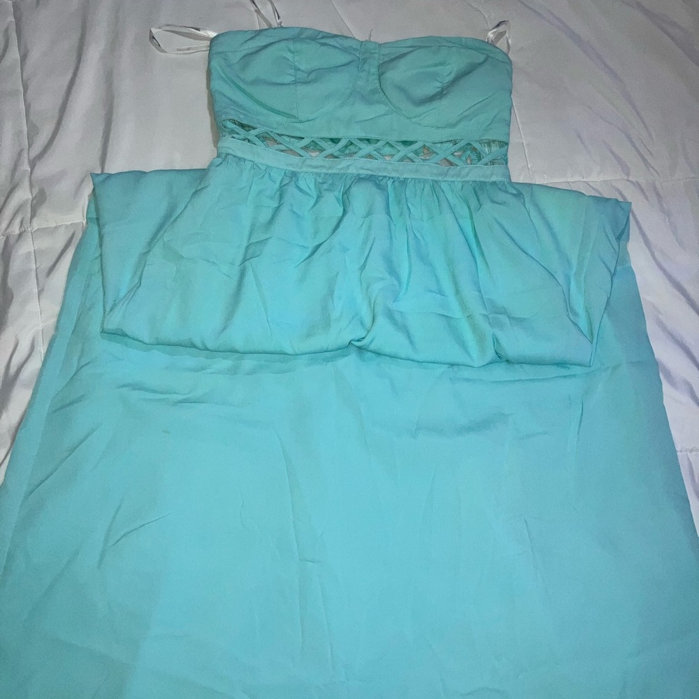 Strapless minty green/blue maxi dress